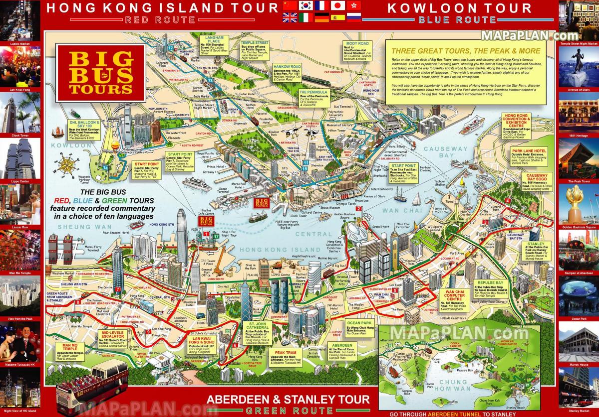 Mapa de excursões de autocarro Hong Kong Hop On Hop Off